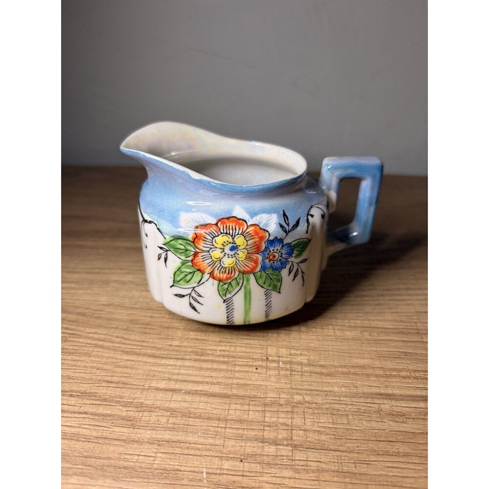 Vintage Made in Japan Lusterware Creamer Floral Blue Orange Hand Painted